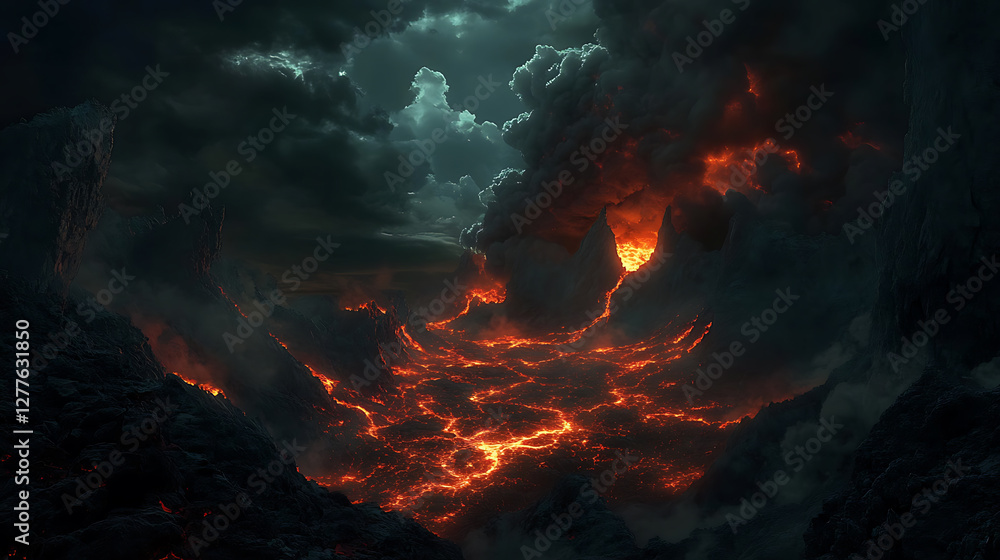 A breathtaking volcanic landscape, with lava glowing under a dark sky, capturing the raw power of nature A breathtaking volcanic landscape, with lava glowing under a dark sky, capturing the raw power of nature