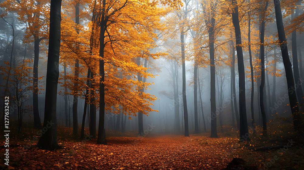 Fototapeta premium A foggy autumn forest where golden leaves gently fall, creating a mystical and serene atmosphere 