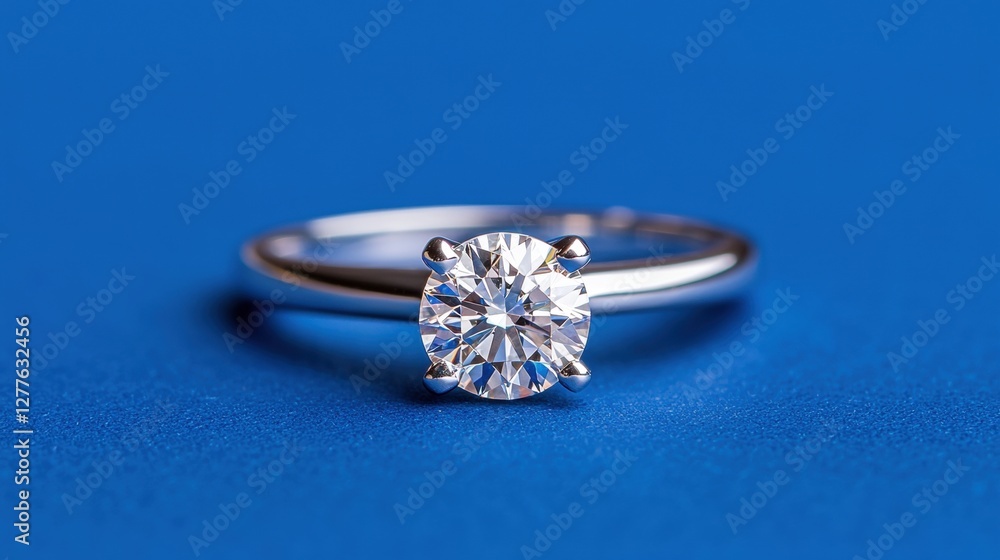 Elegant solitaire diamond ring with a brilliant cut set against a vibrant blue background Elegant solitaire diamond ring with a brilliant cut set against a vibrant blue background
