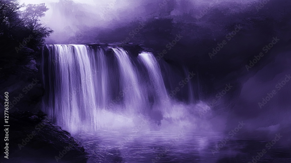 A peaceful fantasy night where glowing waterfalls fall from floating cliffs into a serene mist, with copy space. A peaceful fantasy night where glowing waterfalls fall from floating cliffs into a serene mist, with copy space.