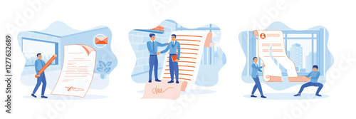 Two businessmen shake hands after signing a business agreement.