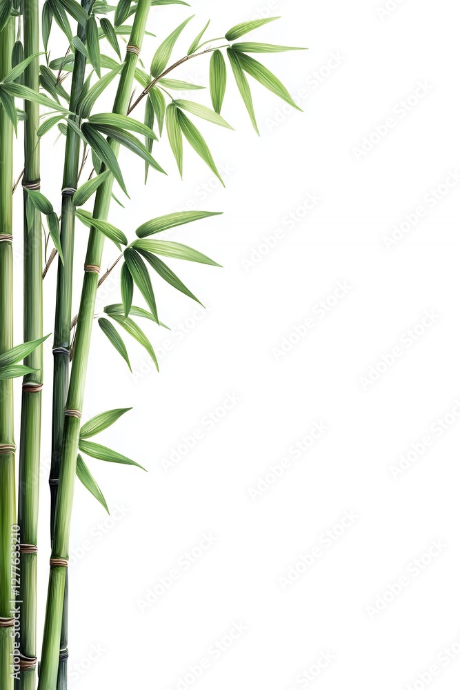 Fototapeta premium Green Bamboo Stalks And Leaves On White Background