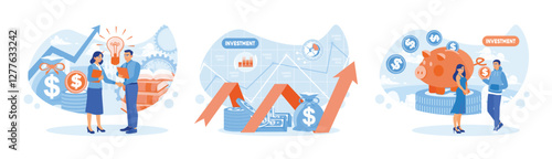 Businessmen invest money, income growth graph, save money in piggy banks.