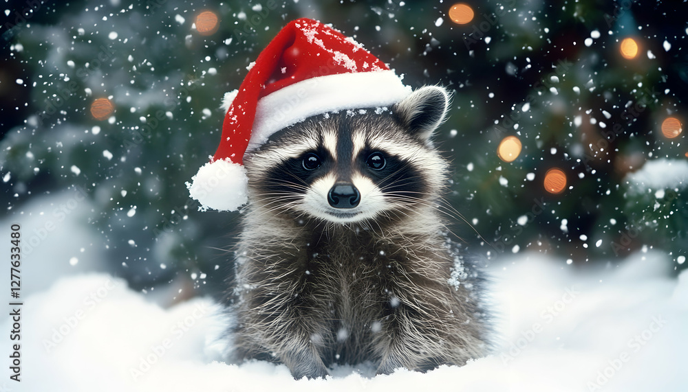 Adorable raccoon in a Santa hat, enjoying a snowy Christmas Eve. Perfect for holiday cards and festive greetings. Adorable raccoon in a Santa hat, enjoying a snowy Christmas Eve. Perfect for holiday cards and festive greetings.