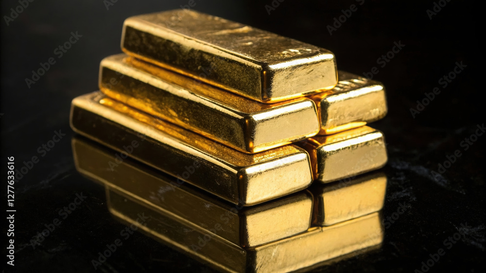 High quality gold bars stacked on reflective surface, symbolizing wealth and luxury High quality gold bars stacked on reflective surface, symbolizing wealth and luxury