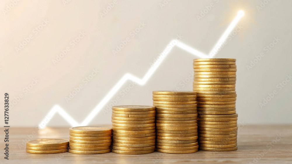 Stack of golden coins with rising graph symbolizing financial growth Stack of golden coins with rising graph symbolizing financial growth