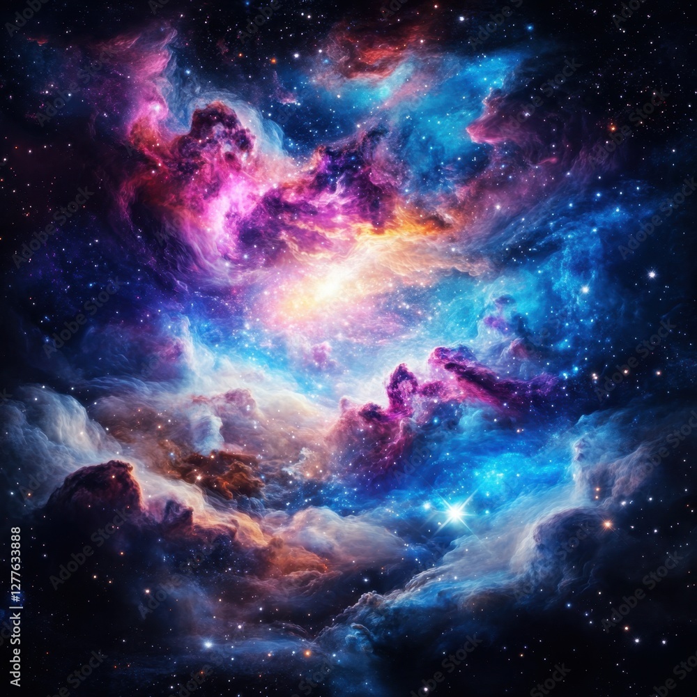 Obraz premium A vibrant cosmic scene filled with swirling colors of purple, blue, and orange, depicting a stunning nebula in the vastness of space.