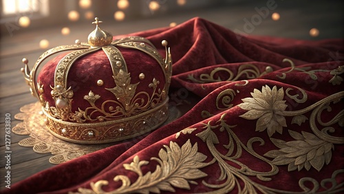 Royal Red Velvet Texture with Gold Embroidery Details and Soft Lighting Effects rich, deep red velvet texture that exudes warmth and elegance, complemented by intricate gold embroidery forming ornate.