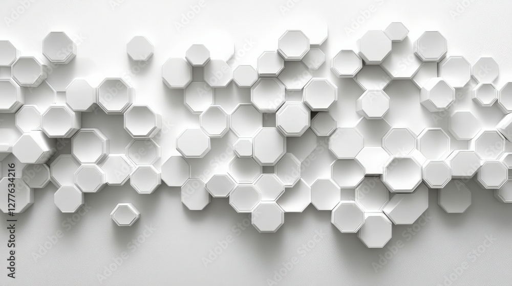 Abstract arrangement of white hexagonal and circular shapes on a clean background, creating a modern aesthetic Abstract arrangement of white hexagonal and circular shapes on a clean background, creating a modern aesthetic
