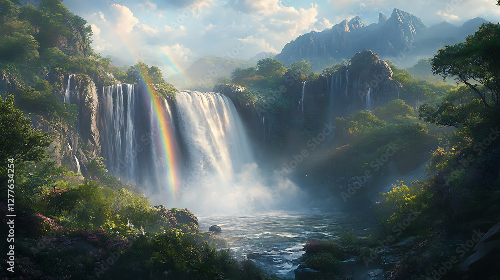 Fototapeta premium A rainbow arching over a majestic waterfall, surrounded by lush greenery and mist rising from the cascading water 