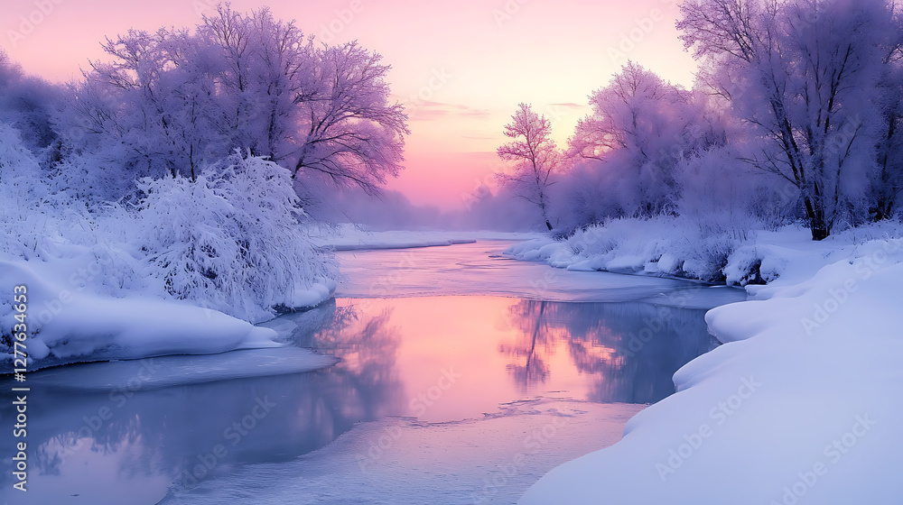 A snowy winter wonderland with frost-covered trees and a frozen river reflecting a soft pink sunrise A snowy winter wonderland with frost-covered trees and a frozen river reflecting a soft pink sunrise