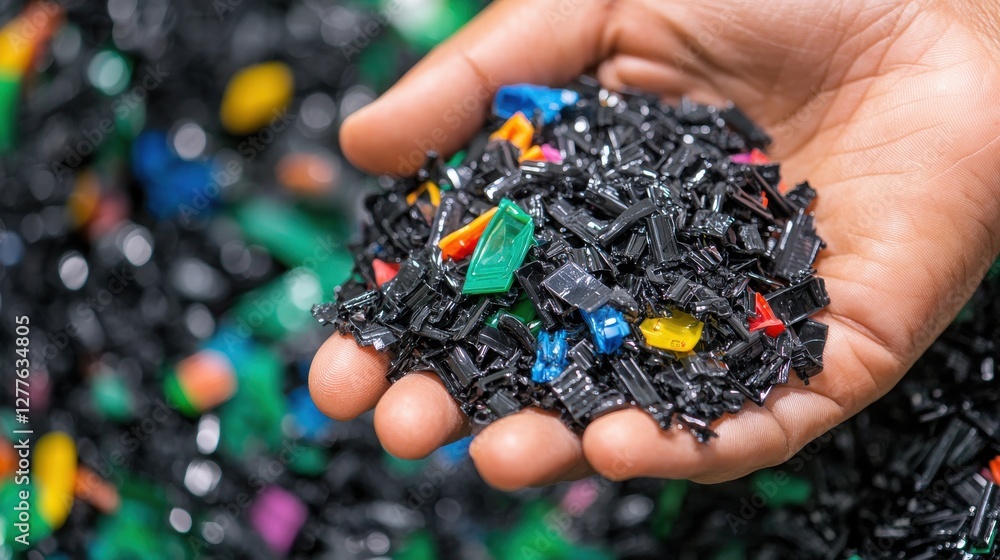 Close-Up of Human Hand Grasping Colorful Plastic Recyclables in a Black Collection Environment Close-Up of Human Hand Grasping Colorful Plastic Recyclables in a Black Collection Environment
