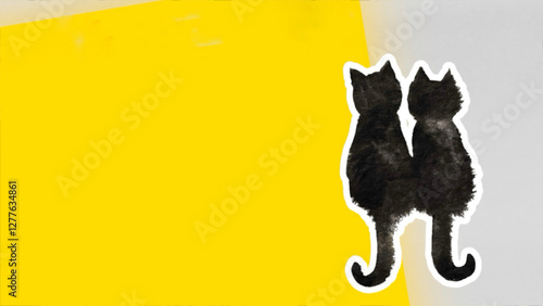 黄色い背景に墨で描いた黒猫の絵
背中を向けて座っている２匹の黒猫
仲良く並んで座っている猫の後ろ姿