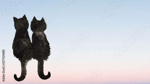 薄紅の夕空に向かって座る墨で描いた２匹の黒猫の絵
背中を向けて座っている２匹の黒猫
仲良く並んで座っている猫の後ろ姿