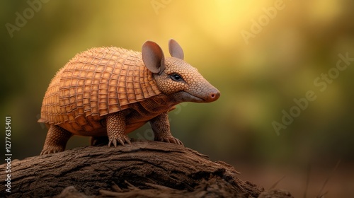 Armadillo in nature forest floor realistic photo warm lighting close-up concept photo