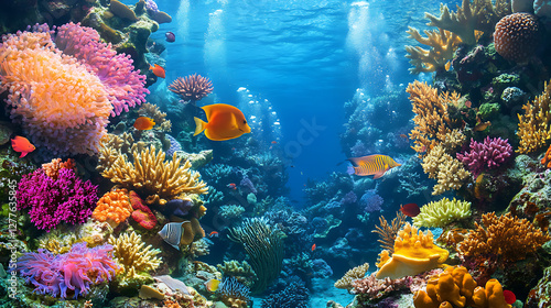 An enchanting underwater scene with colorful coral reefs teeming with marine life 