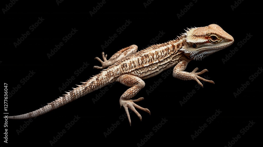 Naklejka premium Bearded dragon display studio realistic photo black background side view concept