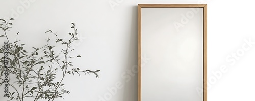 Wooden framed full-length mirror with minimalistic design isolated white background