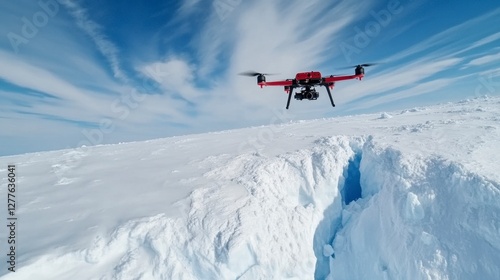 High Altitude Drone Over Snow and Ice Crevasse