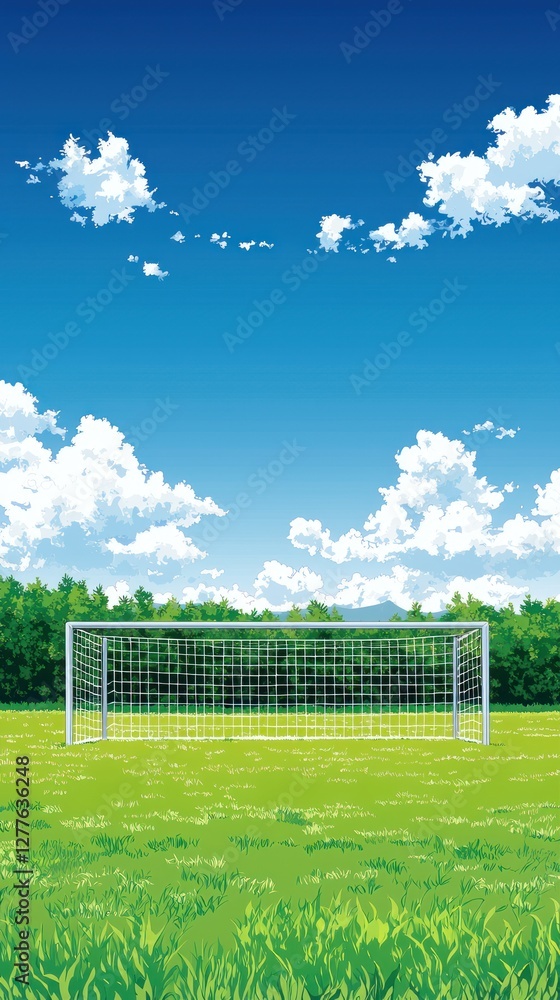 Fototapeta premium Soccer goal on a grassy field under a blue sky