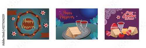 Passover celebration with the family with eggs, matzah, and wine.