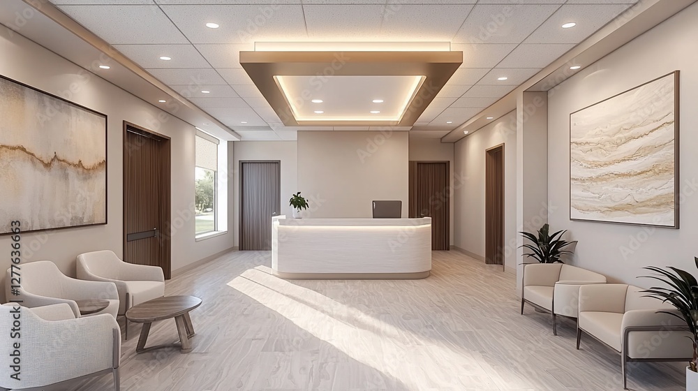 Modern medical office reception area, sunlight streams in, calm atmosphere, ideal for healthcare marketing Modern medical office reception area, sunlight streams in, calm atmosphere, ideal for healthcare marketing