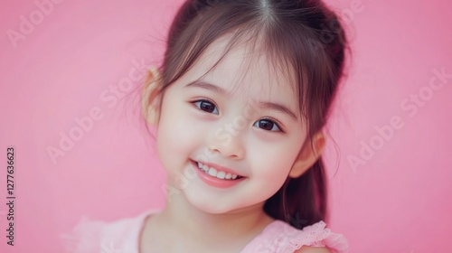 adorable little girl smiling pink background portrait photo