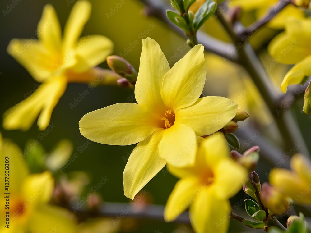 Fototapeta premium Winter jasmine ( Jasminum nudiflorum ) flowers. Oleaceae semi-vine deciduous shrub. Blooms on thin drooping branches with 6-petal yellow flowers from February to April.