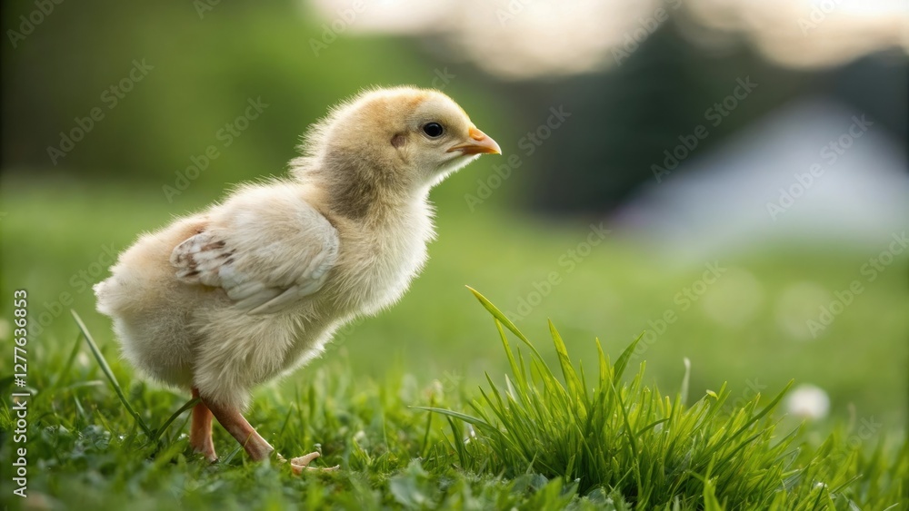 A close-up shot of a single chick standing on a patch of vibrant green grass, chick, eggs, farm, grass A close-up shot of a single chick standing on a patch of vibrant green grass, chick, eggs, farm, grass
