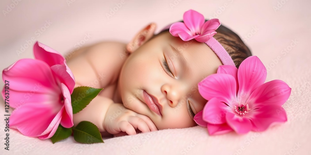 Newborn baby girl sleeping peacefully wearing a hot pink flower headband, girl, beautiful, cute Newborn baby girl sleeping peacefully wearing a hot pink flower headband, girl, beautiful, cute