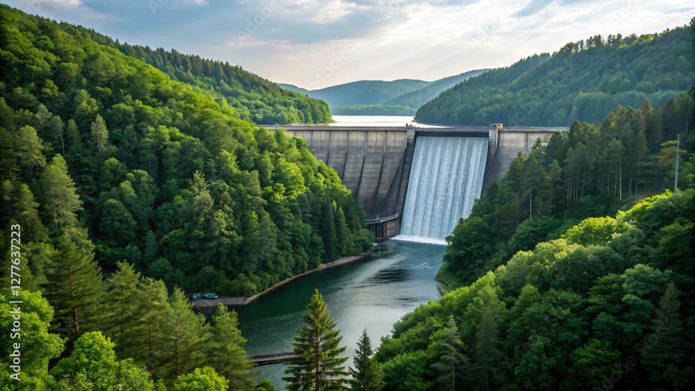 A hydroelectric dam nestled in a green mountain landscape, harnessing the river's power for clean energy A hydroelectric dam nestled in a green mountain landscape, harnessing the river's power for clean energy