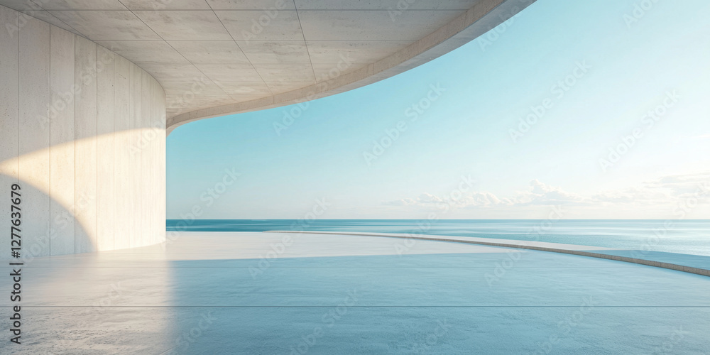 Obraz premium large empty concrete floor with ocean view, featuring modern architectural design and soft natural light. serene atmosphere evokes sense of tranquility and openness