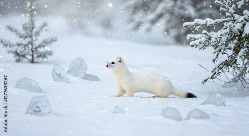 Ermine Walking in Snowy Winter Forest with Ice and Falling Snow Ermine Walking in Snowy Winter Forest with Ice and Falling Snow