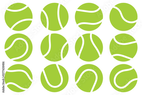 Tennis Ball, full depth of field. Close-up of a vibrant neon yellow tennis ball on a bright blue court. The ball’s fuzzy texture and logo are prominent against the clean, colorful surface. EPS 10. 