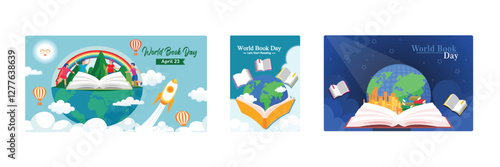 Commemorating World Book Day, an open book with a globe.