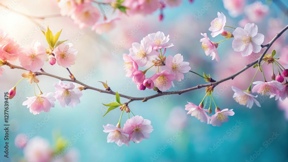 Delicate Pink Blossoms on Branch, Illuminated by Soft Sunlight Against a Pastel Background Delicate Pink Blossoms on Branch, Illuminated by Soft Sunlight Against a Pastel Background