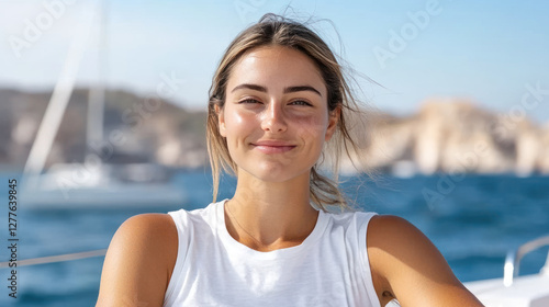 French woman wearing sleeveless t-shirt sitting on a boat at Cabo San Lucas