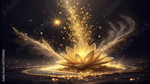 Elegant Gold Dust Explosion on a Dark Background with Shimmering Light Particles dramatic burst of golden dust particles radiating against a deep, dark background, creating a captivating  photo