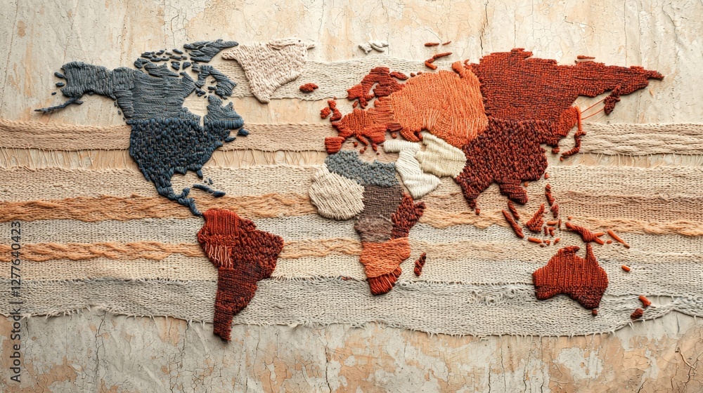 Naklejka premium A textured, artistic world map made of woven materials, showcasing continents in earthy tones against a light background.