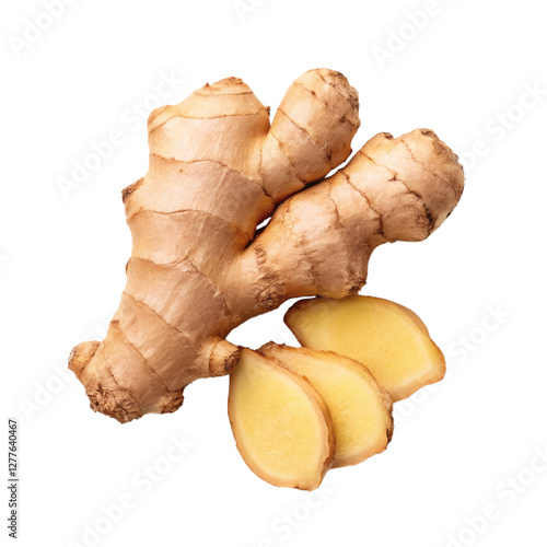 Whole ginger root with fresh slices, close-up, isolated. natural food and healthy eating