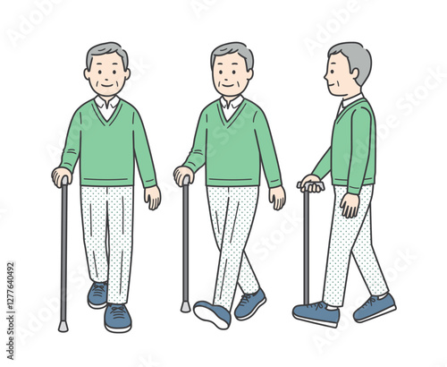 杖をついて歩く高齢男性を色々な方向から見たイラスト