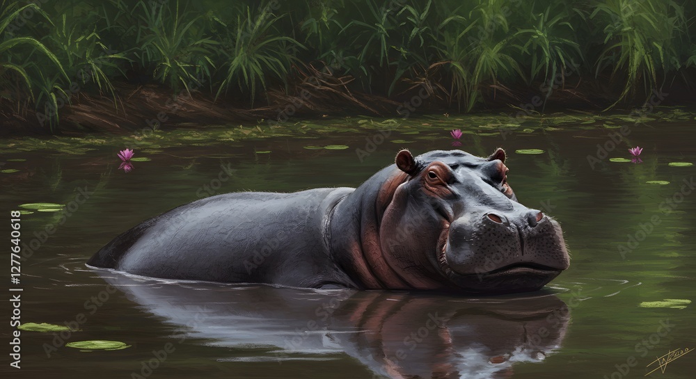 Fototapeta premium Hippopotamus Resting Calmly in Water with Lily Pads and Green Grass