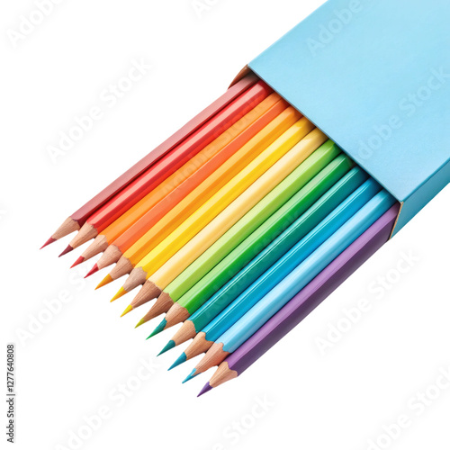 Quadro su tela A vibrant assortment of colored pencils in rainbow order inside a blue box