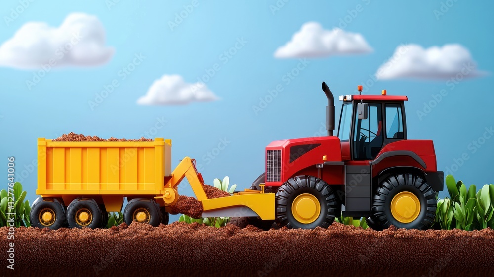 Cartoonish tractor and trailer working on a farm land under a blue sky with fluffy clouds Cartoonish tractor and trailer working on a farm land under a blue sky with fluffy clouds