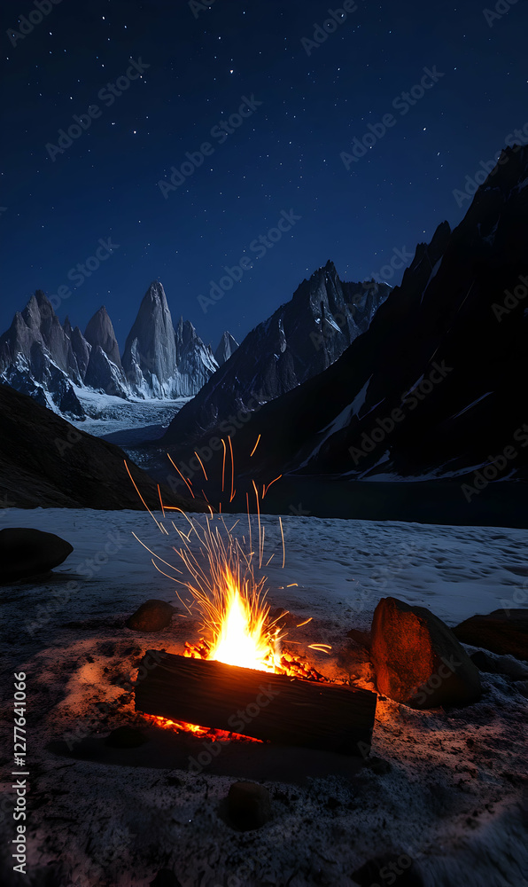 Crackling campfire under a star filled night sky in Patagonia mountains landscape