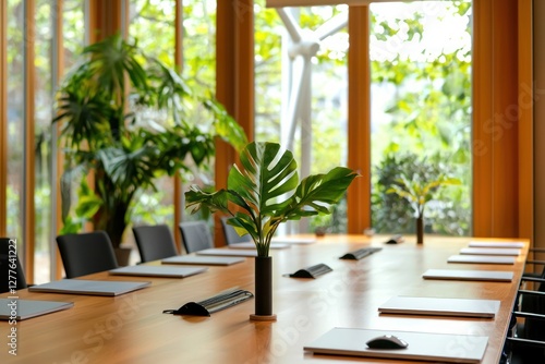 Bright conference room with wooden table and green plants creating a modern and inviting workspace for collaboration and productivity with natural light