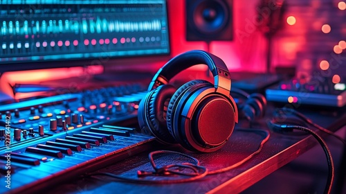 Music producer's studio, headphones on keyboard, neon lights, creating music