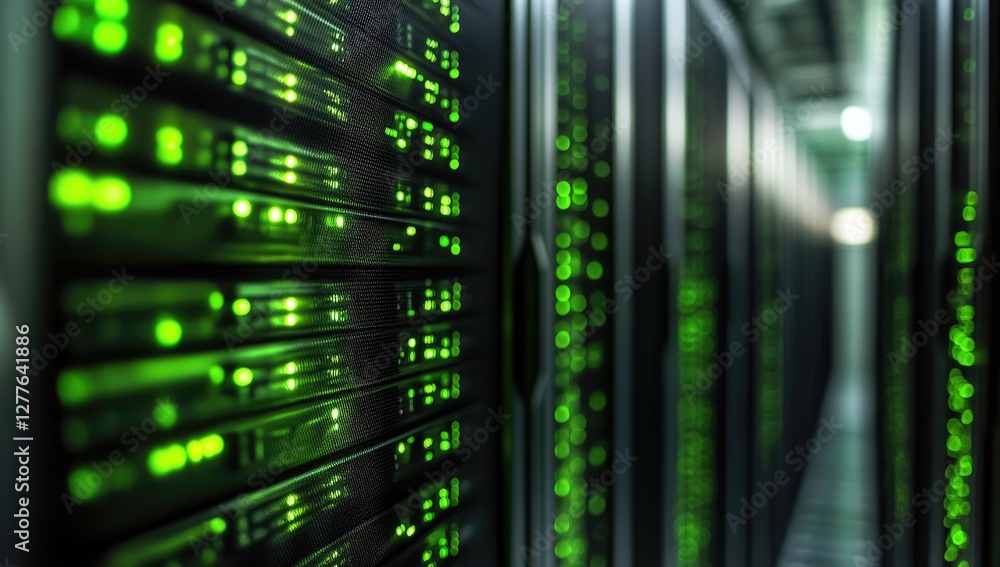 Server racks glowing green in a data center hallway Server racks glowing green in a data center hallway