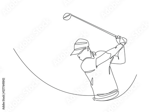 Continuous line art drawing of golf player swinging the stick illustration. Professional Golfer in one line drawing design. Editable stroke.