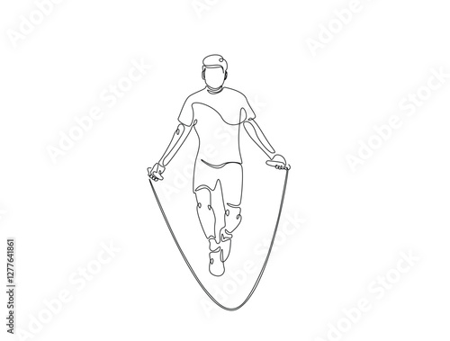 Continuous line art drawing of young man jumping with skipping rope. Cardiovascular exercise by jumping with skipping rope line art drawing vector illustration. Editable stroke.